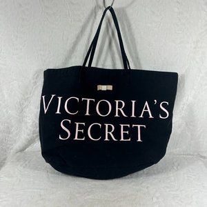 Victoria Secret Tote Bag Canvas Zip Top Black Pink Bow Large